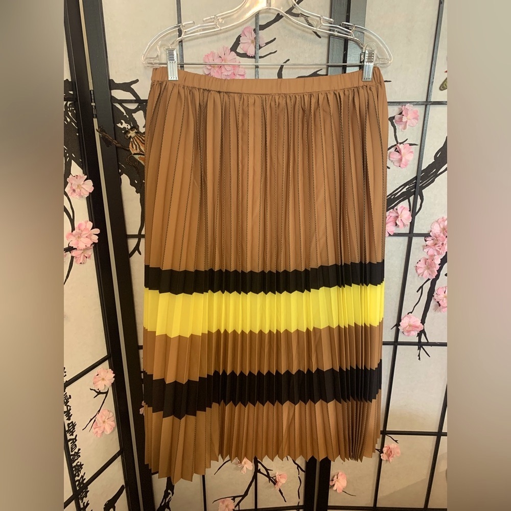 Brown and Yellow Pleated Midi Skirt